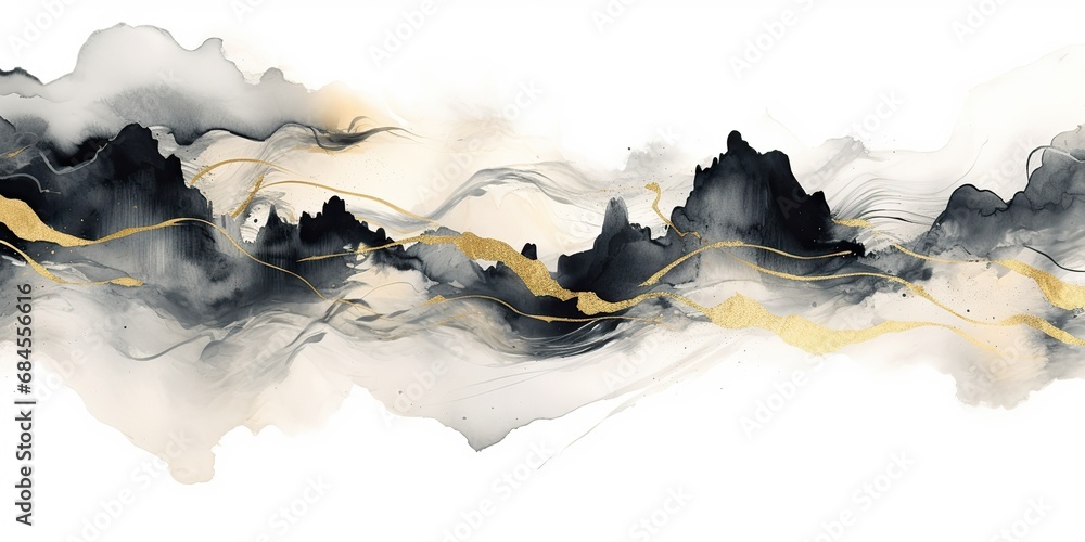 Abstract geometric drawing painting ink sketch golden brown mountains hills rocks on white background. Adventure explore - obrazy, fototapety, plakaty 