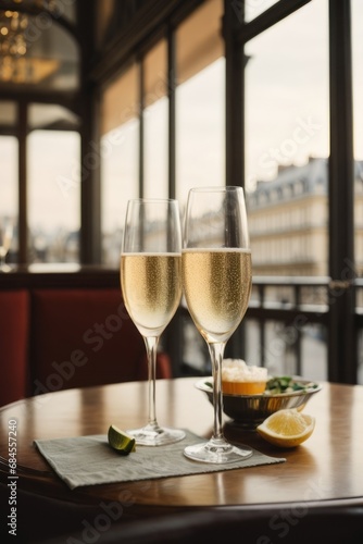 Close-up of two glasses of champagne with citrus fruits on the table.
