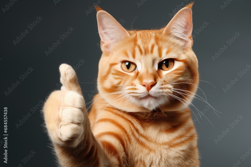 a cat on an homogeneous studio background showing thumbs up, a cat on an homogeneous studio background showing thumbs up,