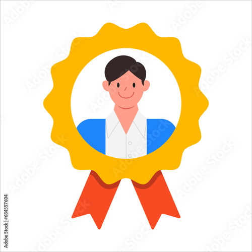 Man in reward icon. Successful and hardworking worker. Pride and motivation, honor. Rewarding an employee for good results. flat vector illustration.