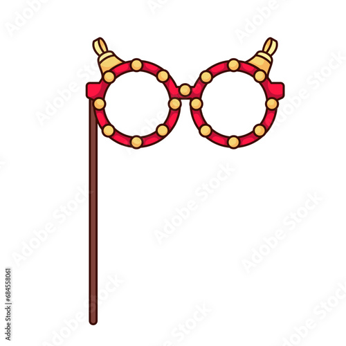 Christmas glasses vector illustration. Cartoon isolated cute spectacles and mask prop for photo booth, hippie round eyeglasses for Christmas celebration and winter carnival party, invitation card