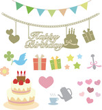Illustration of birthday cake, garland, and presents.