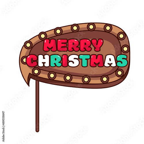 Speech bubble with Merry Christmas text vector illustration. Cartoon isolated retro photo booth props, brown sign on stick with Christmas greetings of funny comic font, cute decoration for selfie