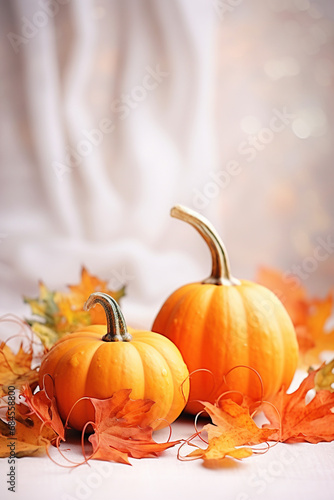 Seasonal Décor: Fall Background Featuring Vibrant Pumpkins and Leaves on a Light Surface