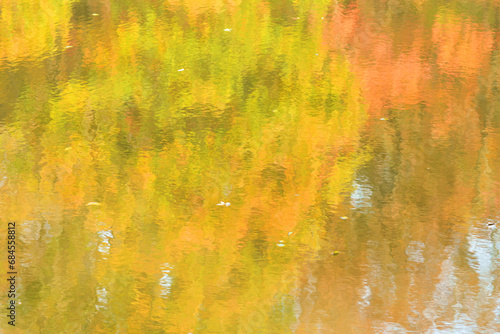 Photo of the forest reflection on the surface of a pond in autumn, similar to the effect of Monet's watercolor painting