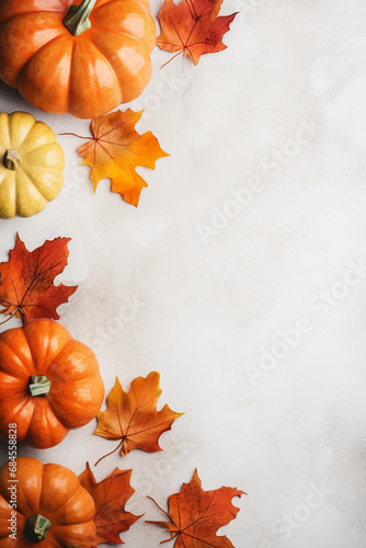 Autumn Aesthetic: Light Surface Adorned with Orange Pumpkins and Fall Leaves
