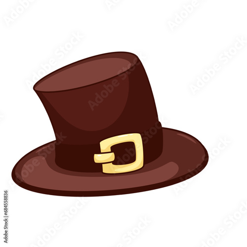 Retro hat vector illustration. Cartoon isolated photo booth props, cute sticker of brown top hat with gold ribbon buckle for festive celebration and masquerade, Christmas or birthday fun party