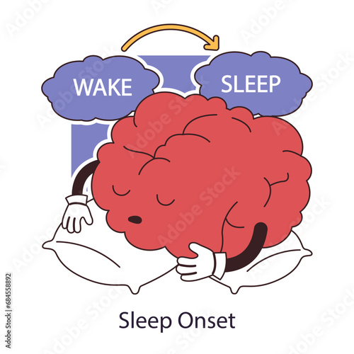 Sleep onset. Transition between wake and sleep. Brain nestled on a pillow falling asleep during the night. Dreaming male character. Flat vector illustration.