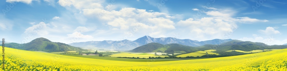 Nature's Yellow Symphony - Panoramic Banner of Yellow Rapeseed Flower Fields amidst the Mountains, Celebrating the Beauty of Nature's Creations in the Outdoors