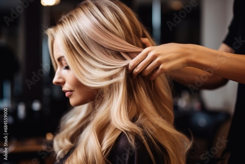 Beautiful Blonde Undergoes Haircut with Hairdresser Trimming Ends at Studio. Female Client Undergoes Business of Beauty