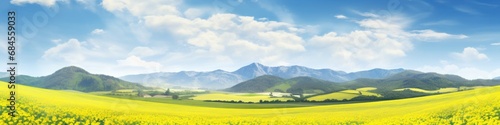 Nature's Yellow Symphony - Panoramic Banner of Yellow Rapeseed Flower Fields amidst the Mountains, Celebrating the Beauty of Nature's Creations in the Outdoors © AIGen