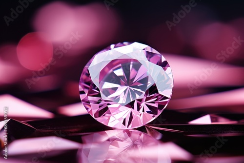 Exceptional Beauty of Pink Diamond. Brilliant Cut Crystal on Reflective Surface with Pink Blurry Abstract Background