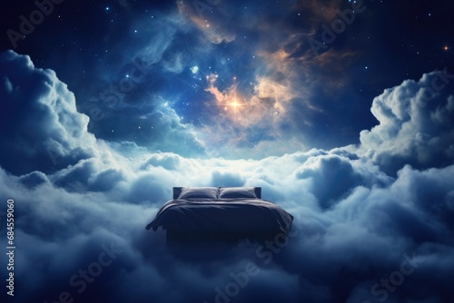 Lucid Dream Concept. A Dreamscape with Lucid Dreaming Effect, Featuring a Fantasy Bed in Cloudy Night Sky with Light and Clouds photo