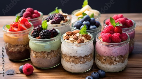 Overnight Oat Souffle with Berries and Peanut Butter. Delicious Oatmeal Pudding with Chia Seeds, Raspberry and Banana, Topped with Coconut, Mint and Chocolate photo