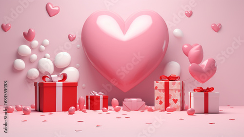 3d Valentine's day decoration with gift boxes and balloons, light pink and light crimson, pop-inspired imagery, hyper-realistic oil, monochromatic artworks, whimsical cartoons