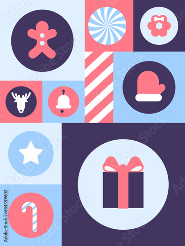 Christmas card wirh mosaic Happy Holidays Greeting card flat design template with abstract shapes and simple icons.Flat geometry shape mosaic illustration collection in abstract scandinavian art style