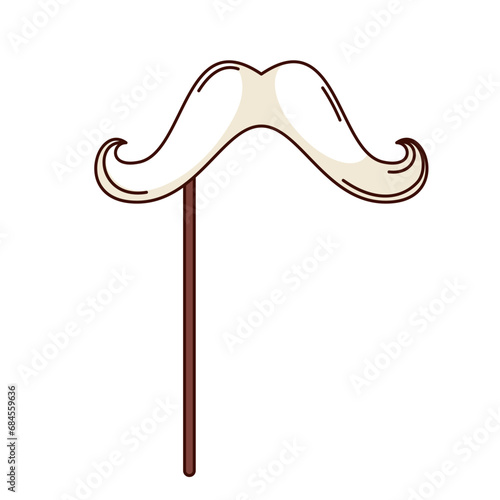 Mustache on stick vector illustration. Cartoon isolated retro photo booth props and Christmas sticker with funny white curly moustache of Santa Claus character, cute mask for fun Christmas party