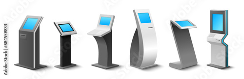 Different self-service kiosk to order and payment online realistic mockup set photo