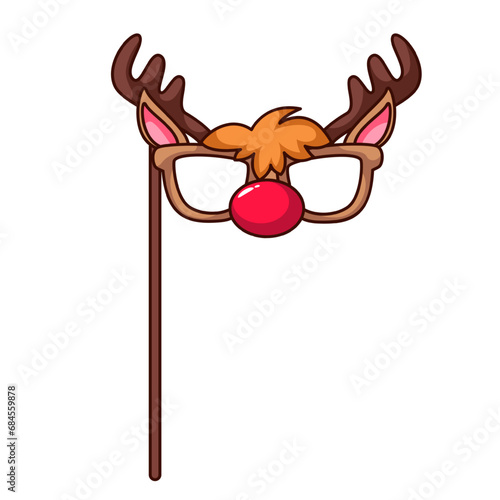 Christmas reindeer glasses vector illustration. Cartoon isolated retro funny deer mask with nose, ears and antlers for Christmas party, birthday or wedding costume decoration for selfie and gift