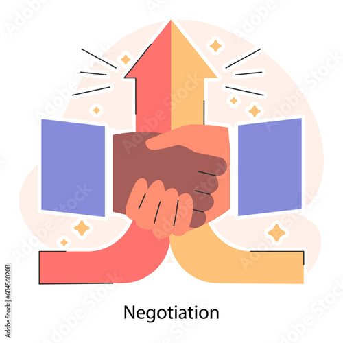 Negotiations. Employees finding consensus. Negotiation handshake. Making a compromise and disagreement resolution. Flat vector illustration