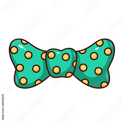 Bowtie vector illustration. Cartoon isolated retro funny sticker of green bow tie with yellow polka dots, photo booth props and cute bowtie for events and holidays celebration, Christmas party