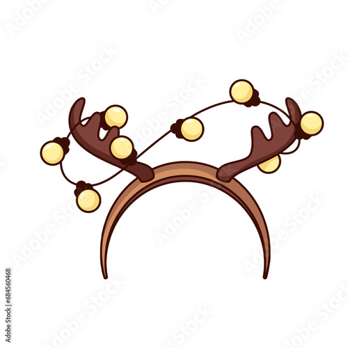 Christmas reindeer headband vector illustration. Cartoon isolated retro funny deer antlers on band for head with garland of light bulbs, festive headband on Xmas sticker and photo booth props