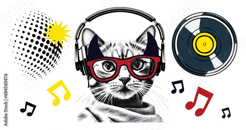 Disco music collage set with headphones on cat and vinyl record player. Modern background vector illustration