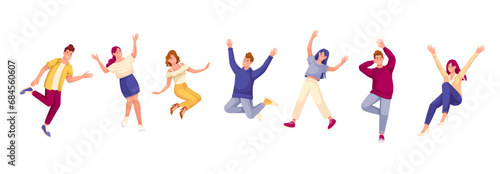 Happy people dance and jump set vector illustration. Cartoon isolated young active woman or man jumping and dancing with joy on fun party, excited female and male dancers characters dance to music