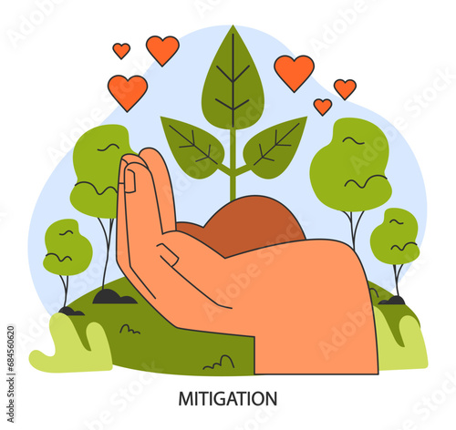 Restoration of biosphere. Reforestation program. Planting trees mitigation. Climate and nature preservation. Sustainability, ecology protection global movement. Flat vector illustration