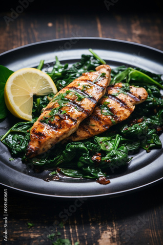 Nutritious Combo: Grilled Chicken Breast and Sautéed Garlic Spinach for a Healthy Lunch
