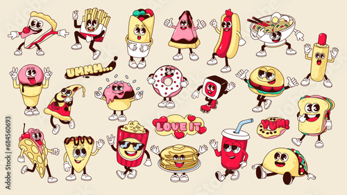 Groovy fast food stickers set vector illustration. Cartoon isolated retro crazy dance of pizza and burger mascot, fries and popcorn characters with psychedelic cute faces, funky tasty food emoji