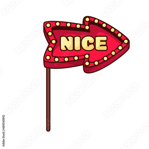 Arrow sign with Nice text vector illustration. Cartoon isolated retro photo booth props and Christmas sticker with red arrow frame on stick and word of funny bubble yellow font, cute decoration