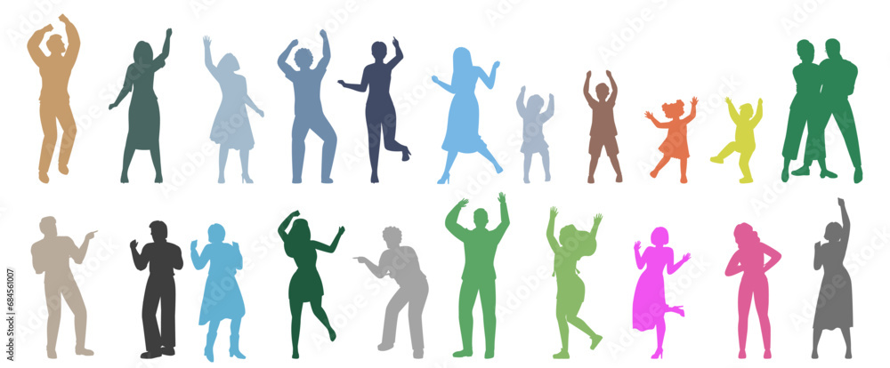 People characters dancing colorful silhouette isolated set