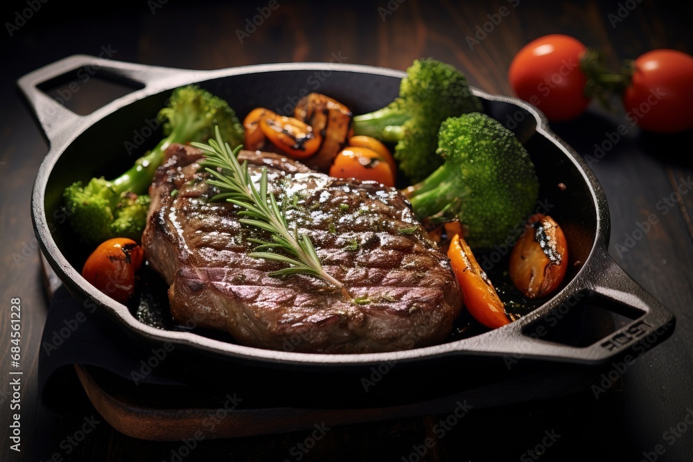 American food concept. Grilled beef steak with grilled vegetables, with carrots, cherry tomatoes, broccoli, in a cast iron pan. copy space and generative ai