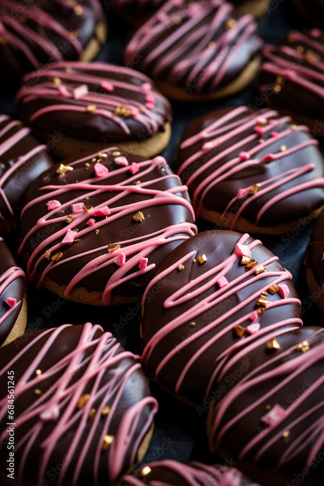 Sweet Romance: Heart-Shaped Cookies Infused with Strawberry, Dark Chocolate, and Pink Sprinkles
