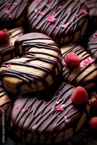 Valentine's Temptation: Heart-Shaped Strawberry Cookies Adorned with Dark Chocolate Drizzle and Pink Sprinkles
