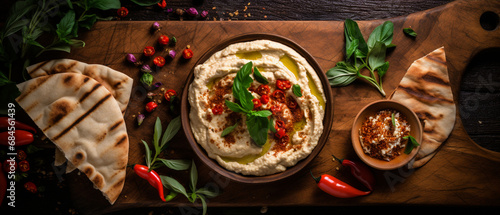 Artful Hummus Spread: Garlic, Roasted Red Pepper, and Basil Assortment, Accompanied by Pita Bread - Top View