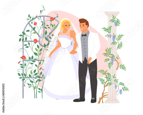 Groom and bride wearing ceremonial dress and suit vector illustration