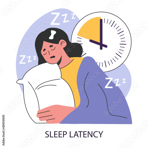 Sleep latency. Sleep onset latency. Time of a transition between wake and sleep. Young woman falling asleep on a pillow during the night. Dreaming female character. Flat vector illustration.