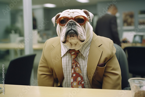 A bulldog dressed as a human resources specialist, embodying a no-nonsense approach to employee relations.