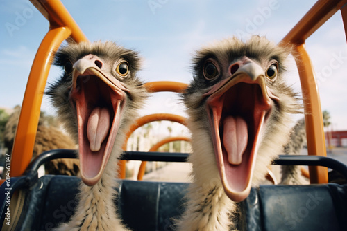 Ostriches experiencing the thrill of a rollercoaster, capturing the hilarious expressions of these tall birds in motion.