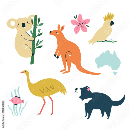 Colorful set of Australian animals - koala, kangaroo, cockatoo, emu, tasmania devil