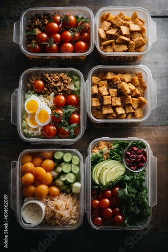 Top view of healthy food in containers. A lot of vegetables tomatoes, avocados, cucumbers, eggs, meat, herbs, nuts, dishes on the table. Delivery of balanced nutrition.