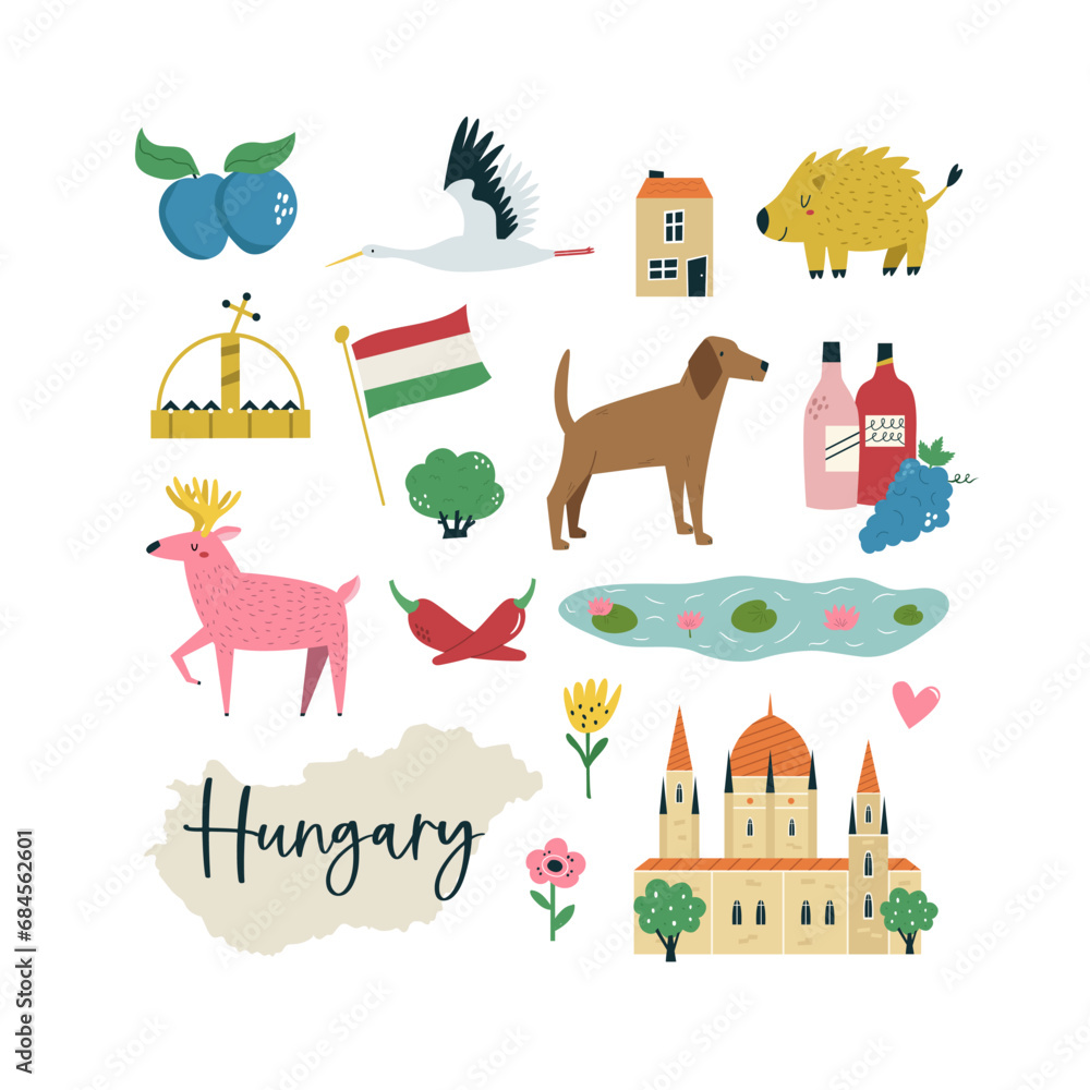 Fototapeta premium Colorful composition, design with famous symbols, animals of Hungary