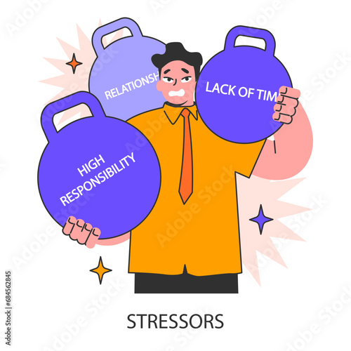Overwhelmed businessman bending under heavy stressors. Serious responsibility and lack of time on a workplace. Modern life challenges. Mental and physical strain. Flat vector illustration.