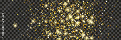 Gold glittering dust with stars on transparent backdrop