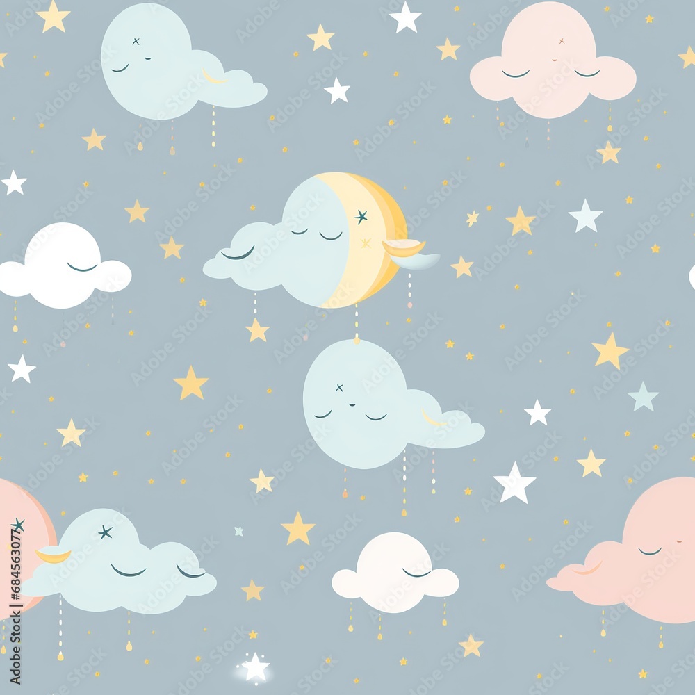 Pastel Clouds and Stars Nursery Pattern on Dotted Grey Background
Pastel Clouds and Stars Nursery Pattern on Dotted Grey Background