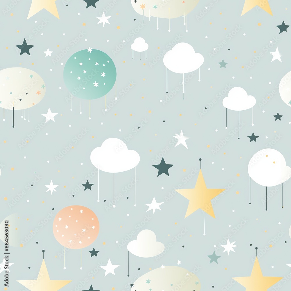 Pastel Clouds and Stars Nursery Pattern on Dotted Grey Background
Pastel Clouds and Stars Nursery Pattern on Dotted Grey Background