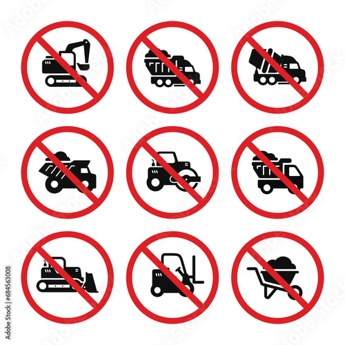 Prohibition heavy machinery symbol set vector. No construction vehicles sign symbol set vector