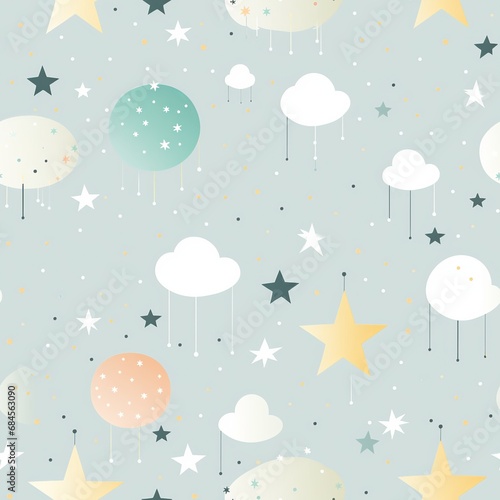 Pastel Clouds and Stars Nursery Pattern on Dotted Grey Background